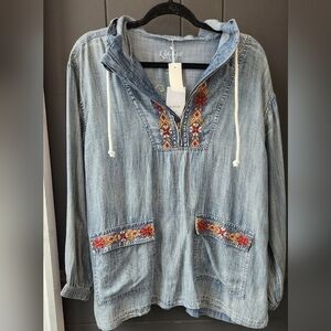 Kyla Seo Hooded Denim Blue and Embroidered Top